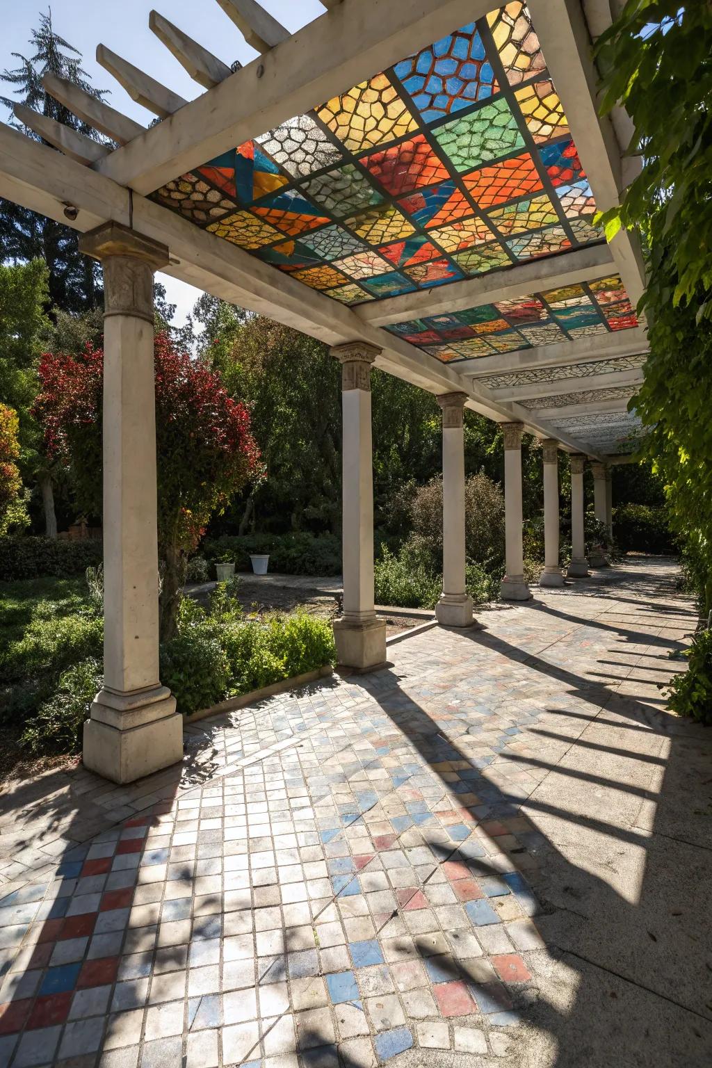 A mosaic tile roof creates a stunning visual display and unique shade.