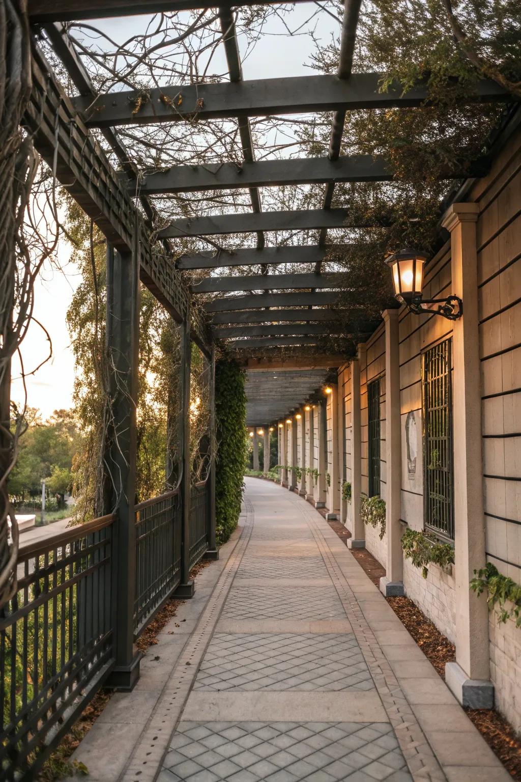 A pergola walkway showcasing a creative mix of wood and metal.