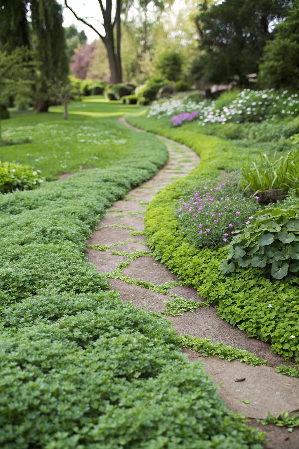 Edible ground covers that beautify and benefit garden pathways.