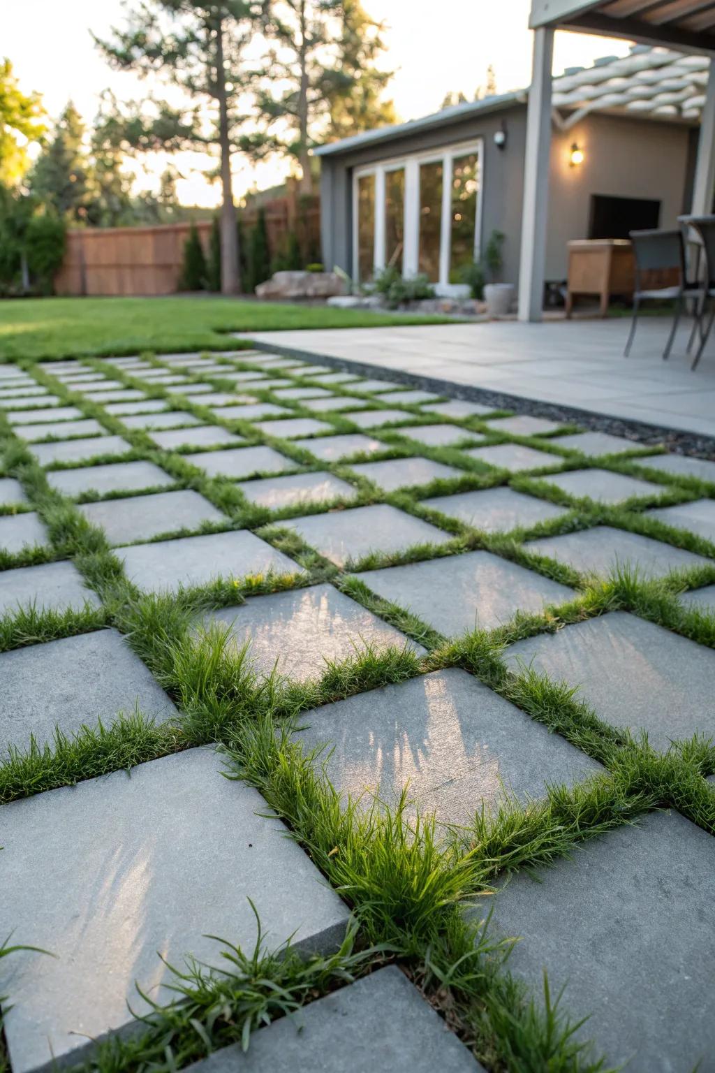 Innovative turfstone grid for a green and permeable patio.