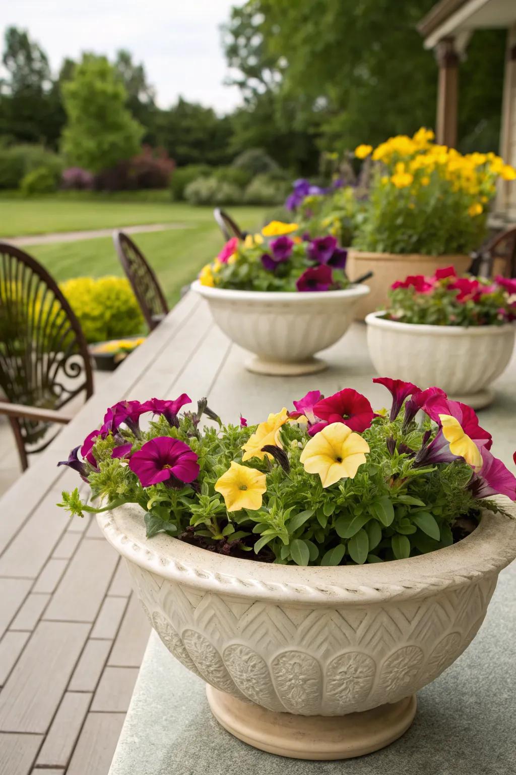 Ceramic bowls add elegance to petunia displays.