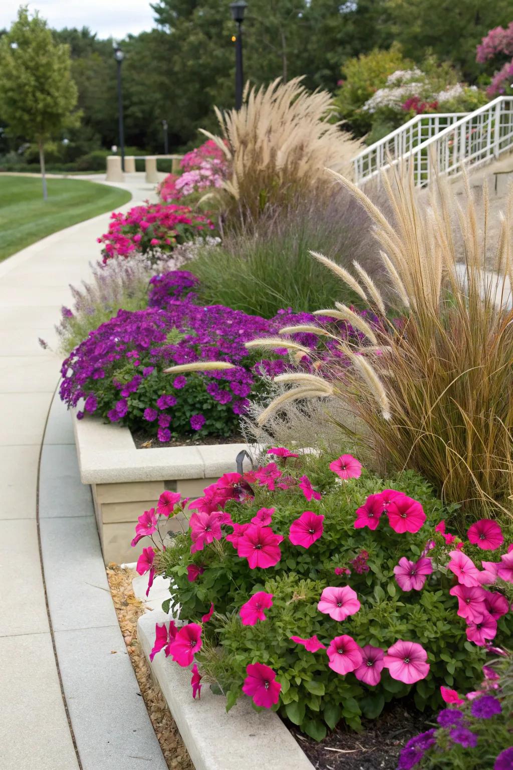 Petunias and grasses create a dynamic and textural garden display.
