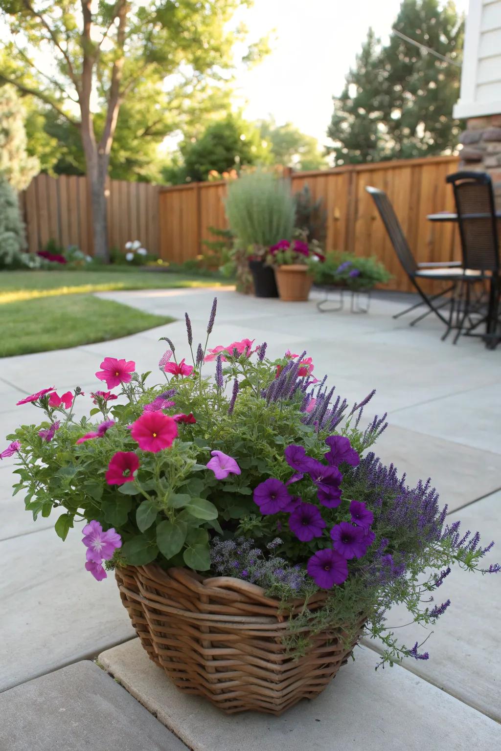 Fragrant additions with petunias, lavender, and mint.