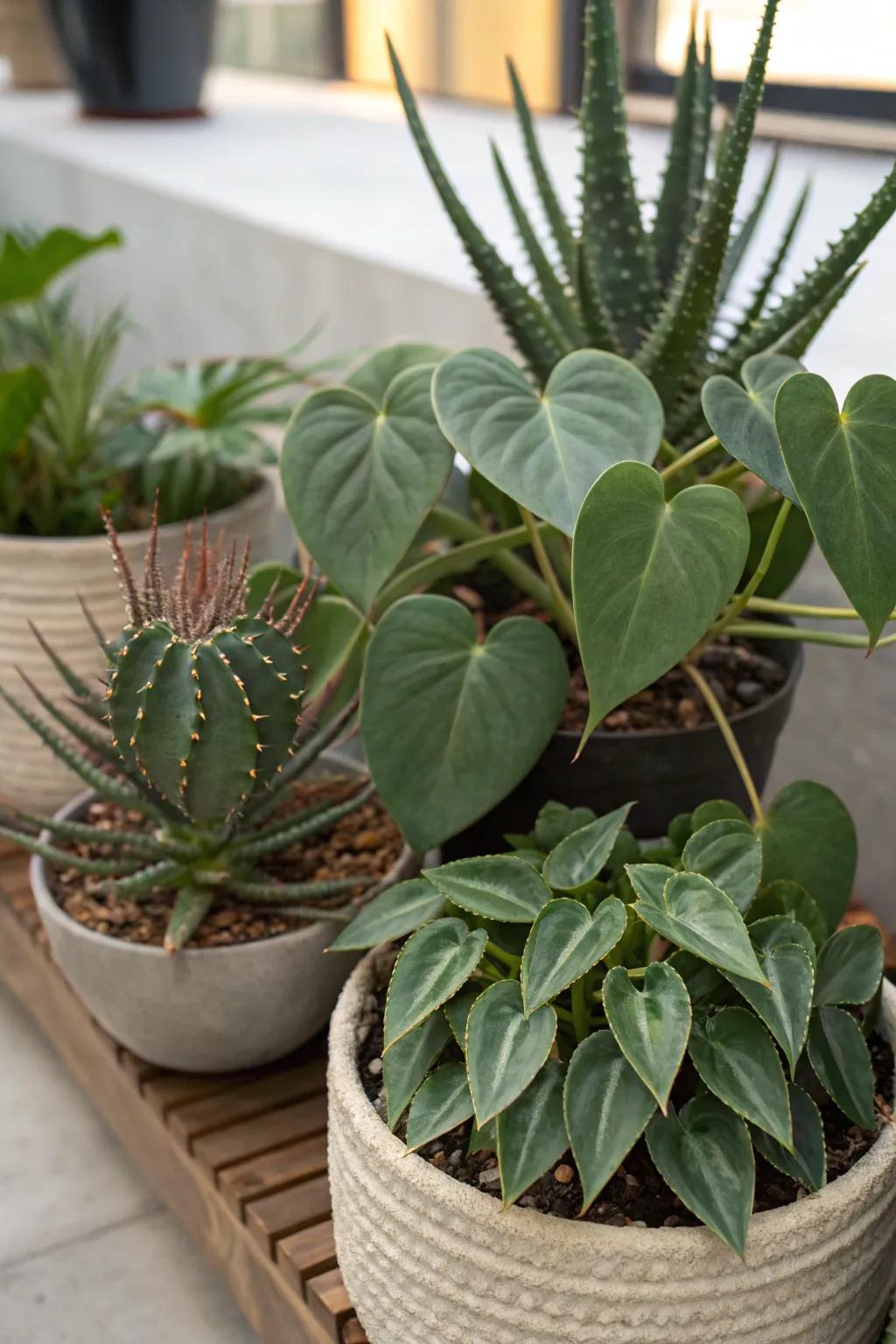 Create textural contrast with philodendrons and succulents.