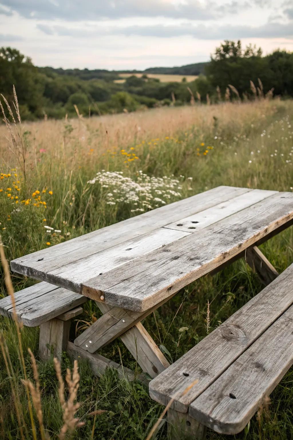 A distressed vintage farmhouse style picnic table offers rustic charm.