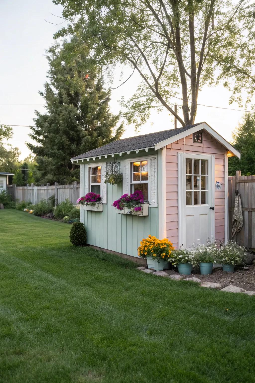A garden shed adds utility and a whimsical touch to your backyard.