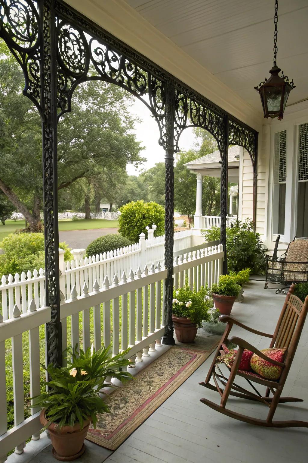 Wrought iron railings provide timeless elegance.
