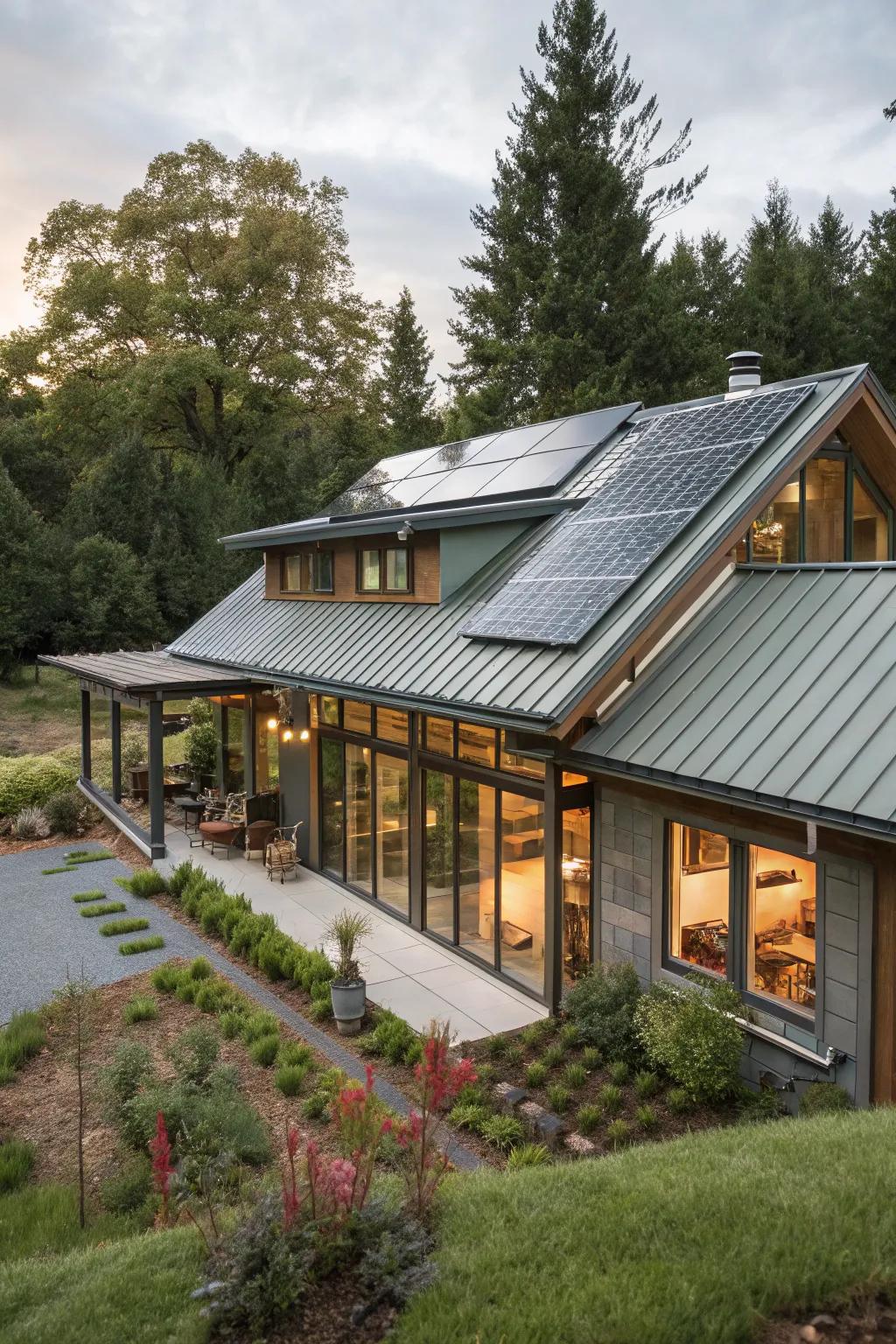 A sustainable home featuring an eco-friendly metal roof, blending elegance with environmental consciousness.