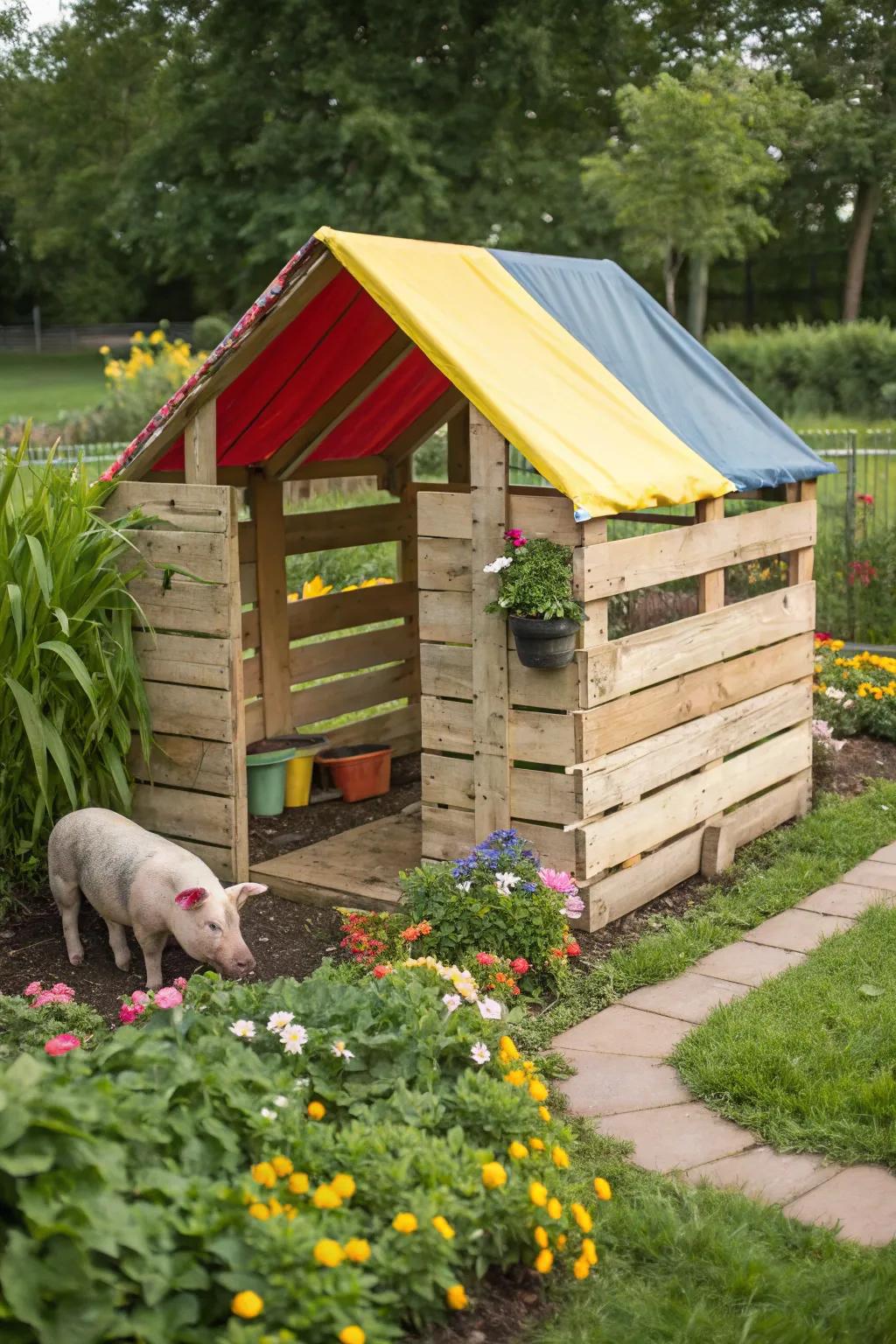 A playful pig playhouse made from pallets and a tarp.
