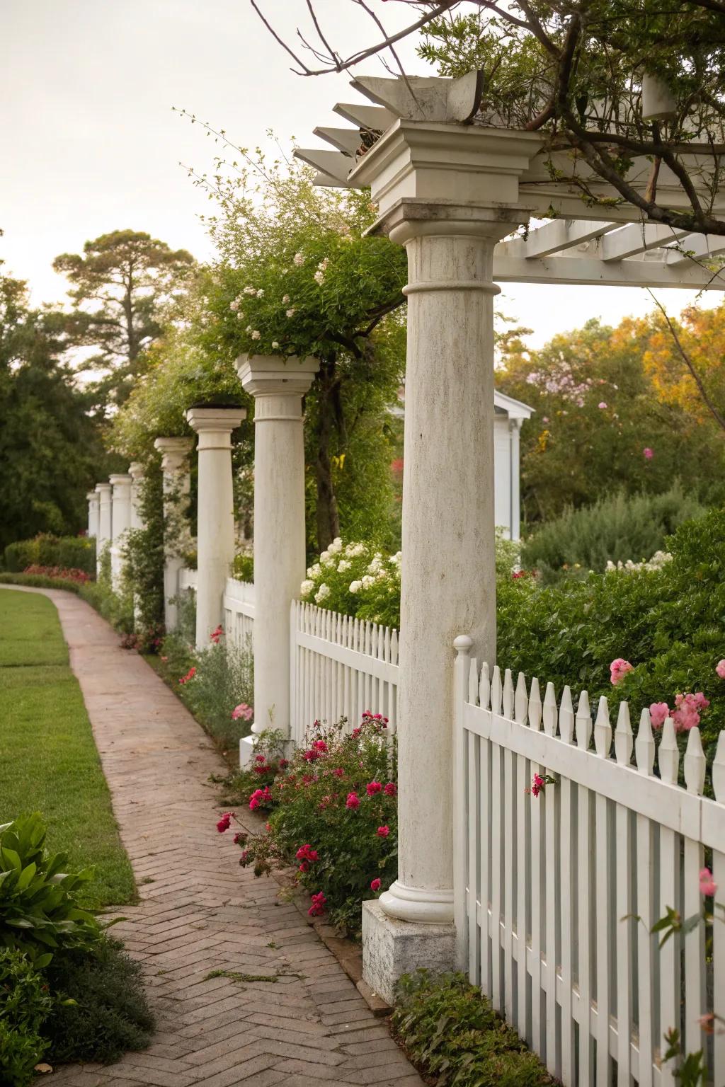 White stone pillars provide a fresh and timeless aesthetic.