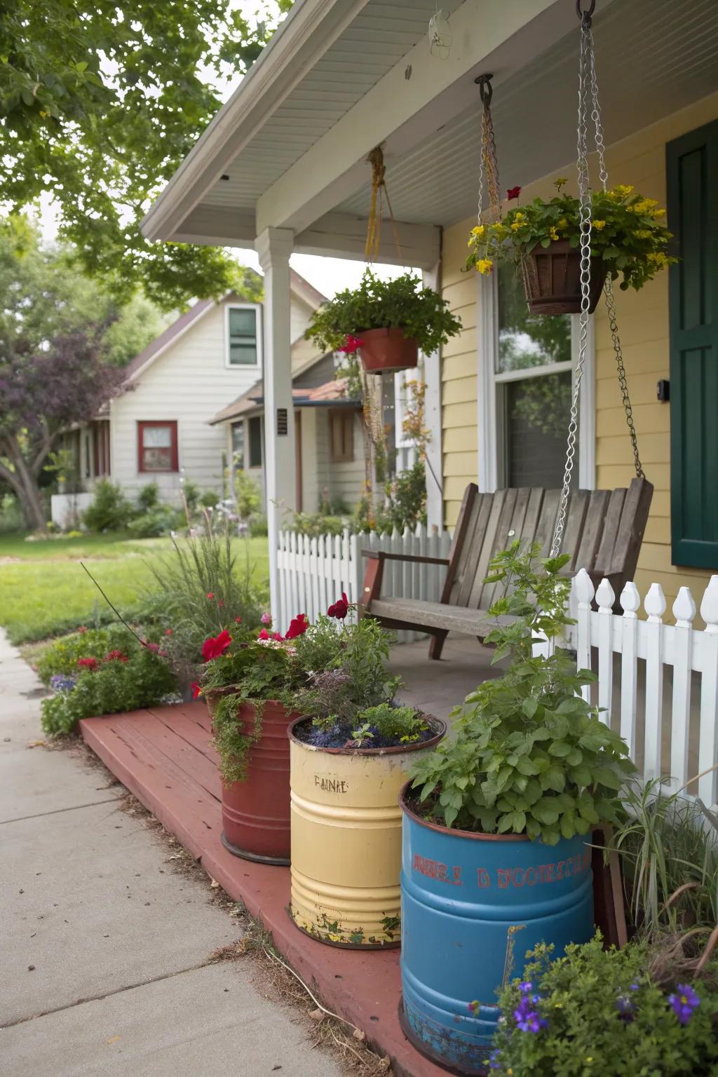 Unique planters adding charm to the porch.