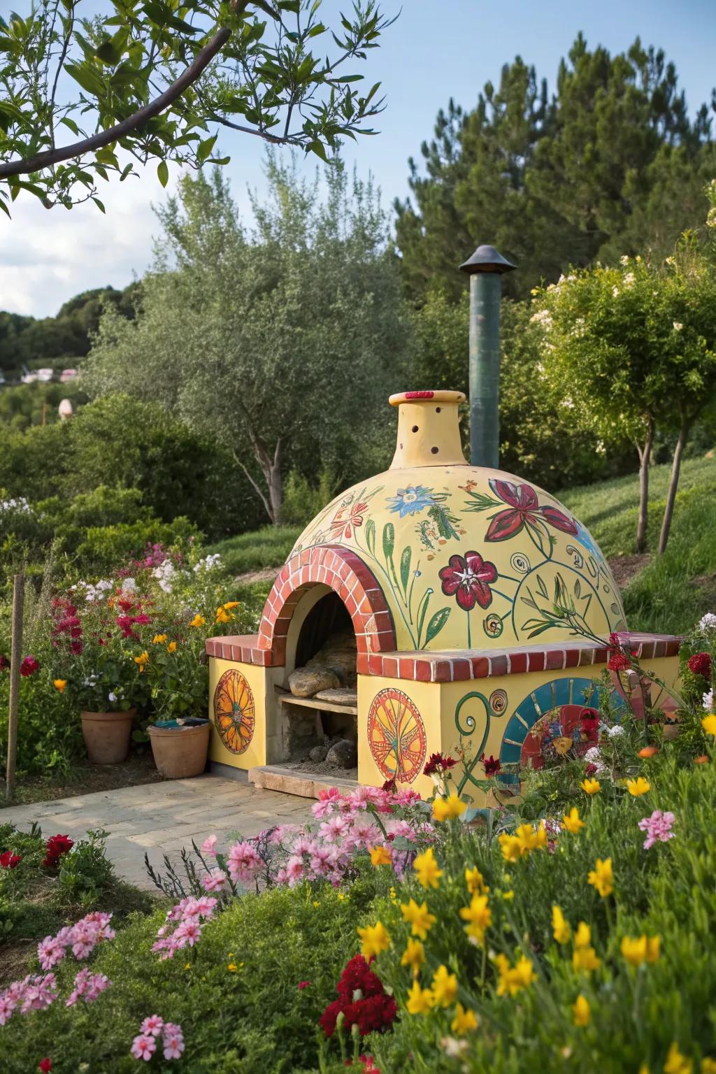 A bold, artistic pizza oven that stands out as a creative centerpiece.