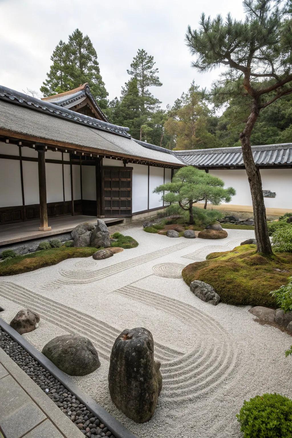 A Zen garden offering a tranquil space for meditation.