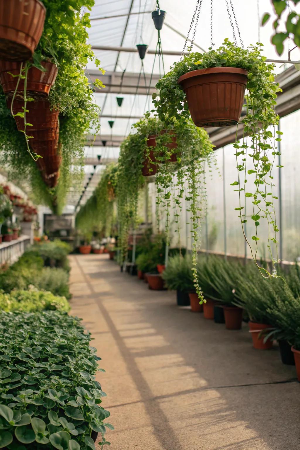 Hanging pots create a lush canopy effect in the nursery.