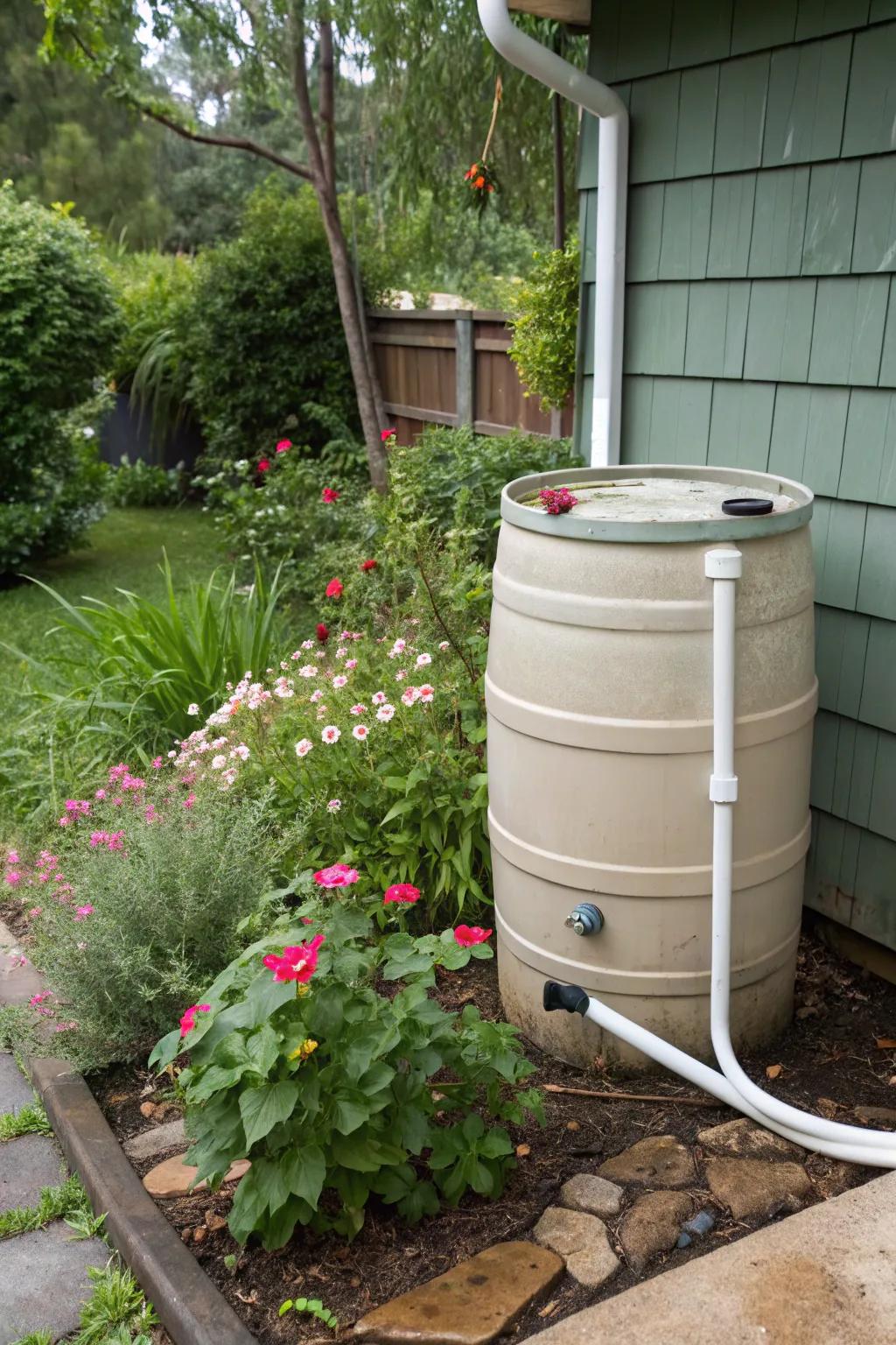 Conserve water with a rainwater collection barrel.