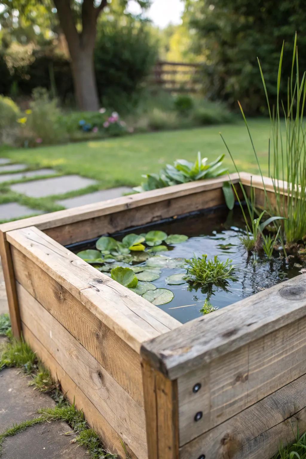 Pond in a box offering a quaint and compact water feature for small gardens.
