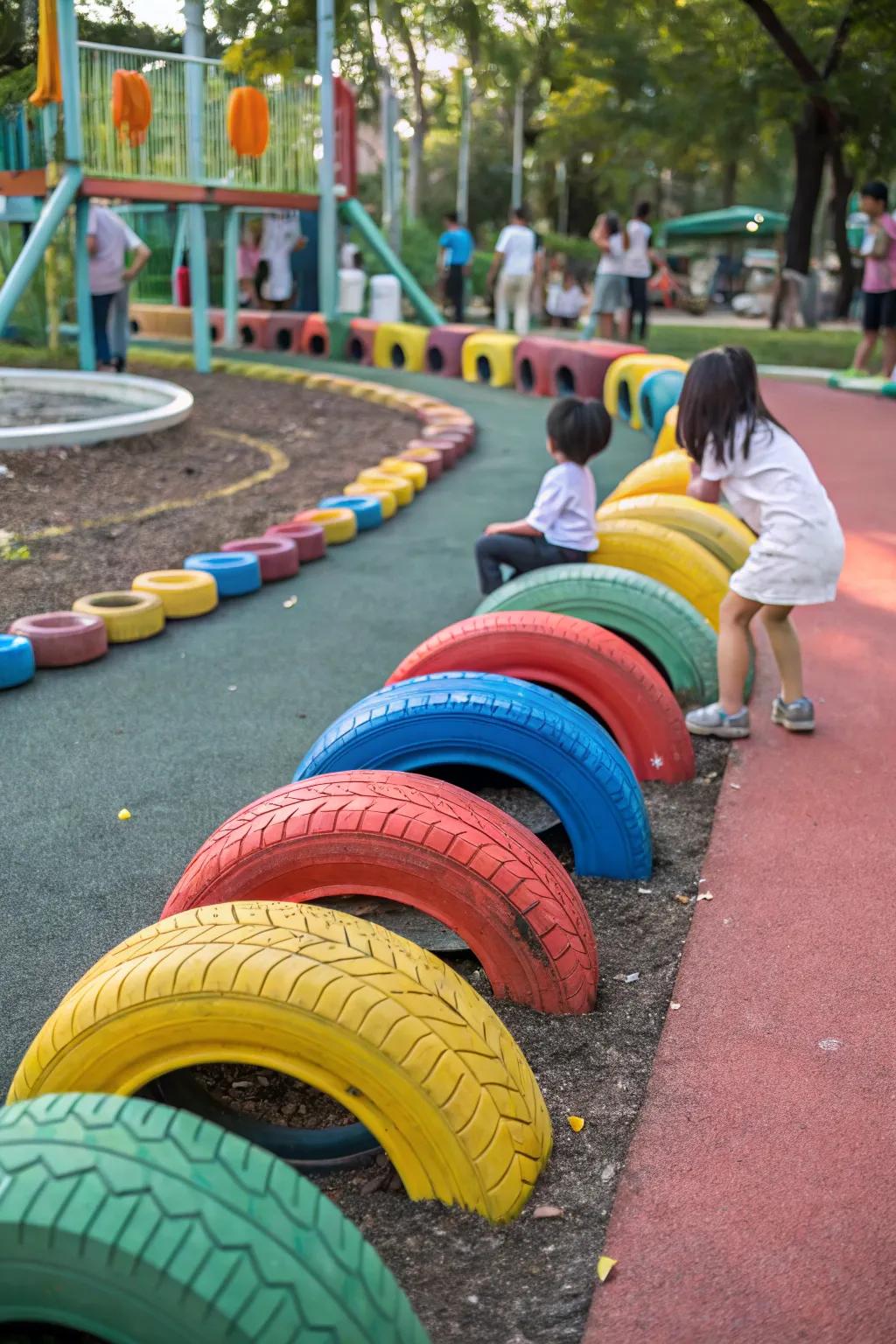 Tire borders adding color and fun to a playground.