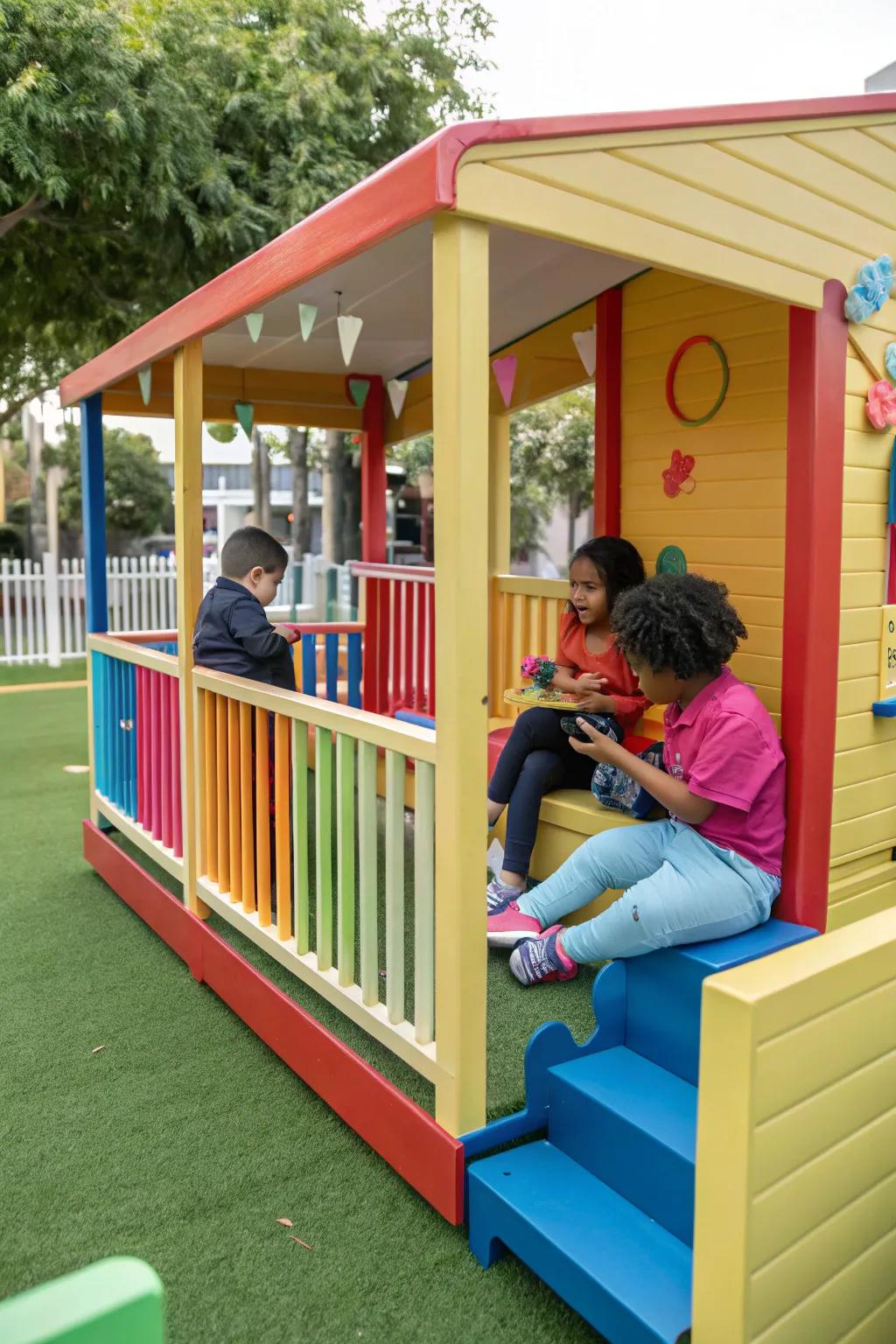 Built-in seating in the railing maximizes space and encourages social play.