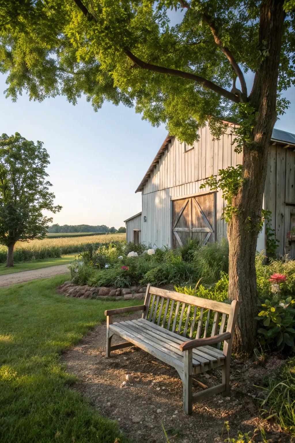 A garden bench offers a peaceful spot to relax and admire the landscape.