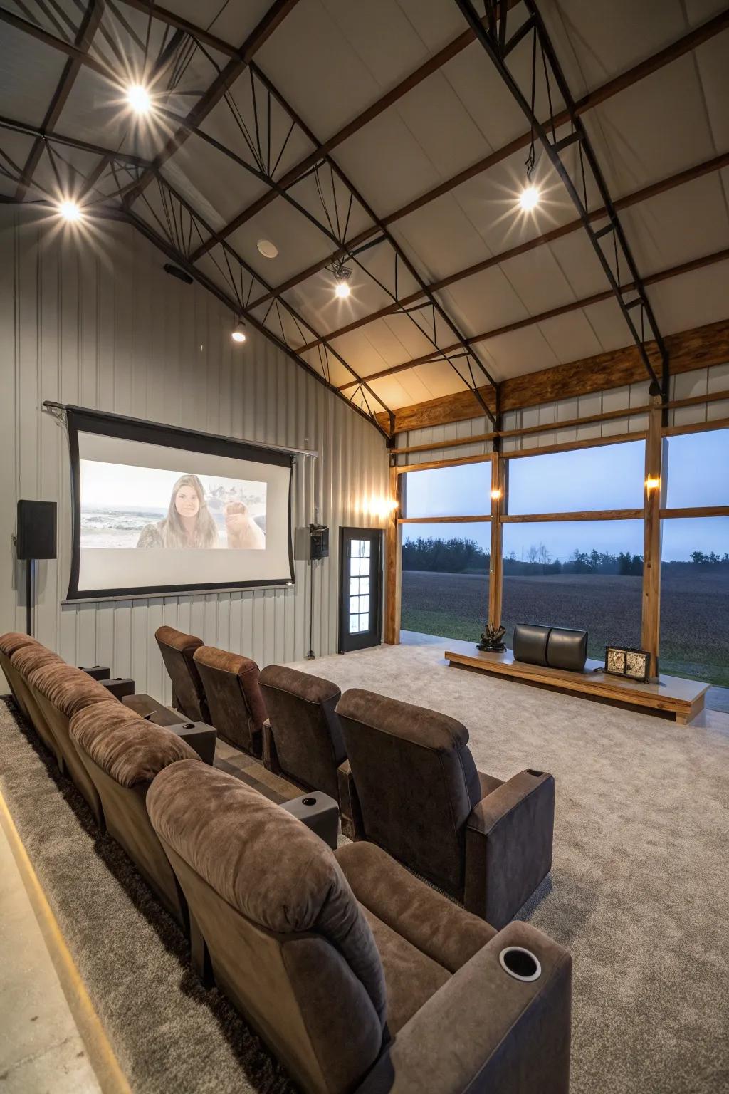 A pole building transformed into an immersive home theater.