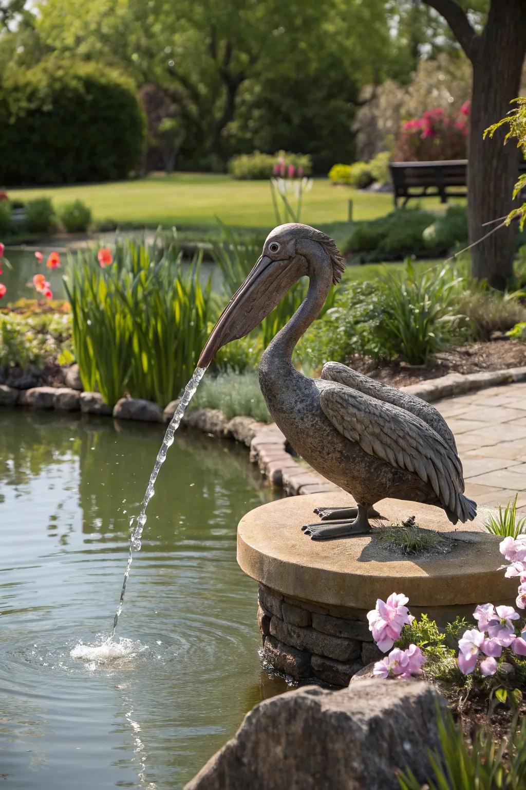 A pelican spitter adds coastal charm to your garden.