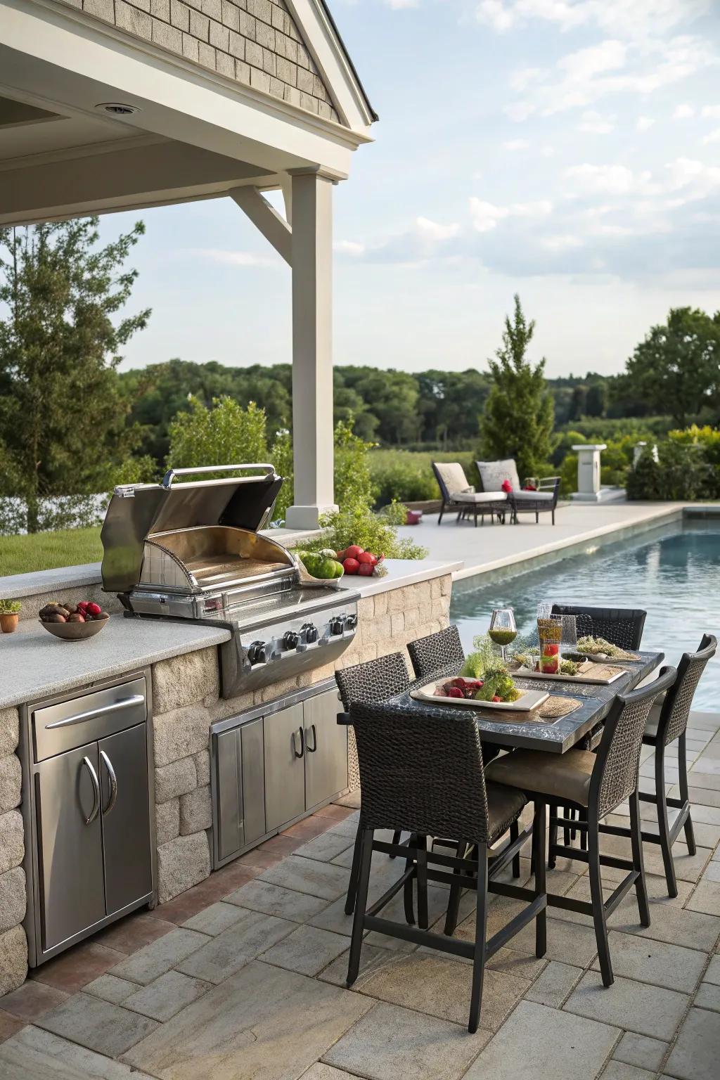 An outdoor kitchen adds convenience and flavor to your poolside gatherings.