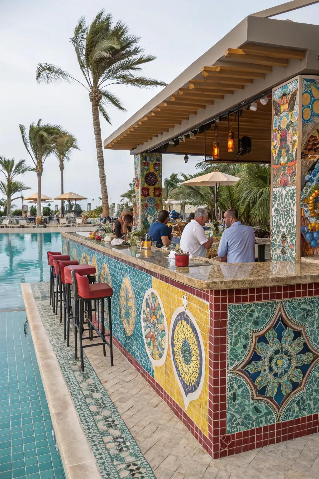 Mosaic tiles add artistic flair and vibrant color to your pool bar.