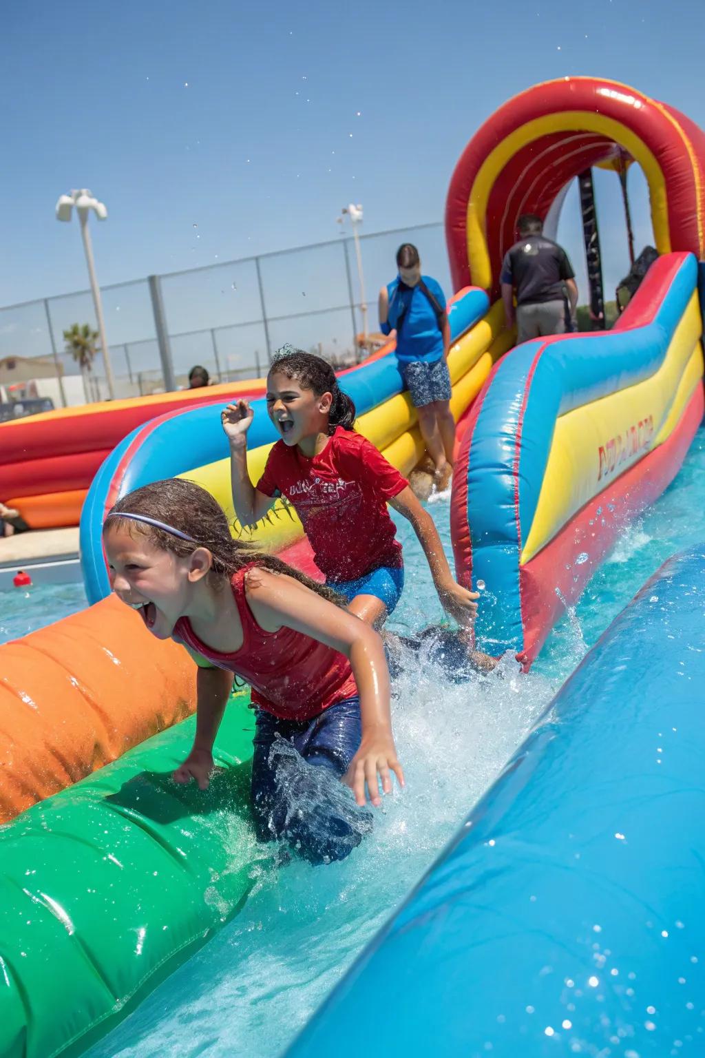 An exciting inflatable obstacle course set up in the pool.