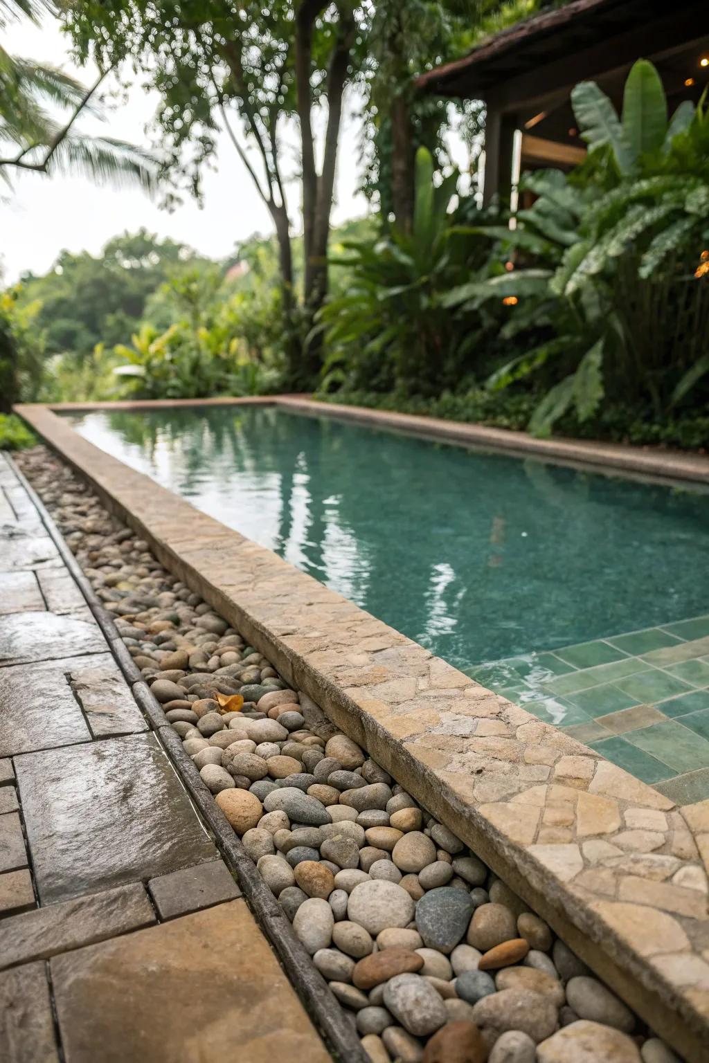 Pebble tiles provide a natural, tactile poolside texture.