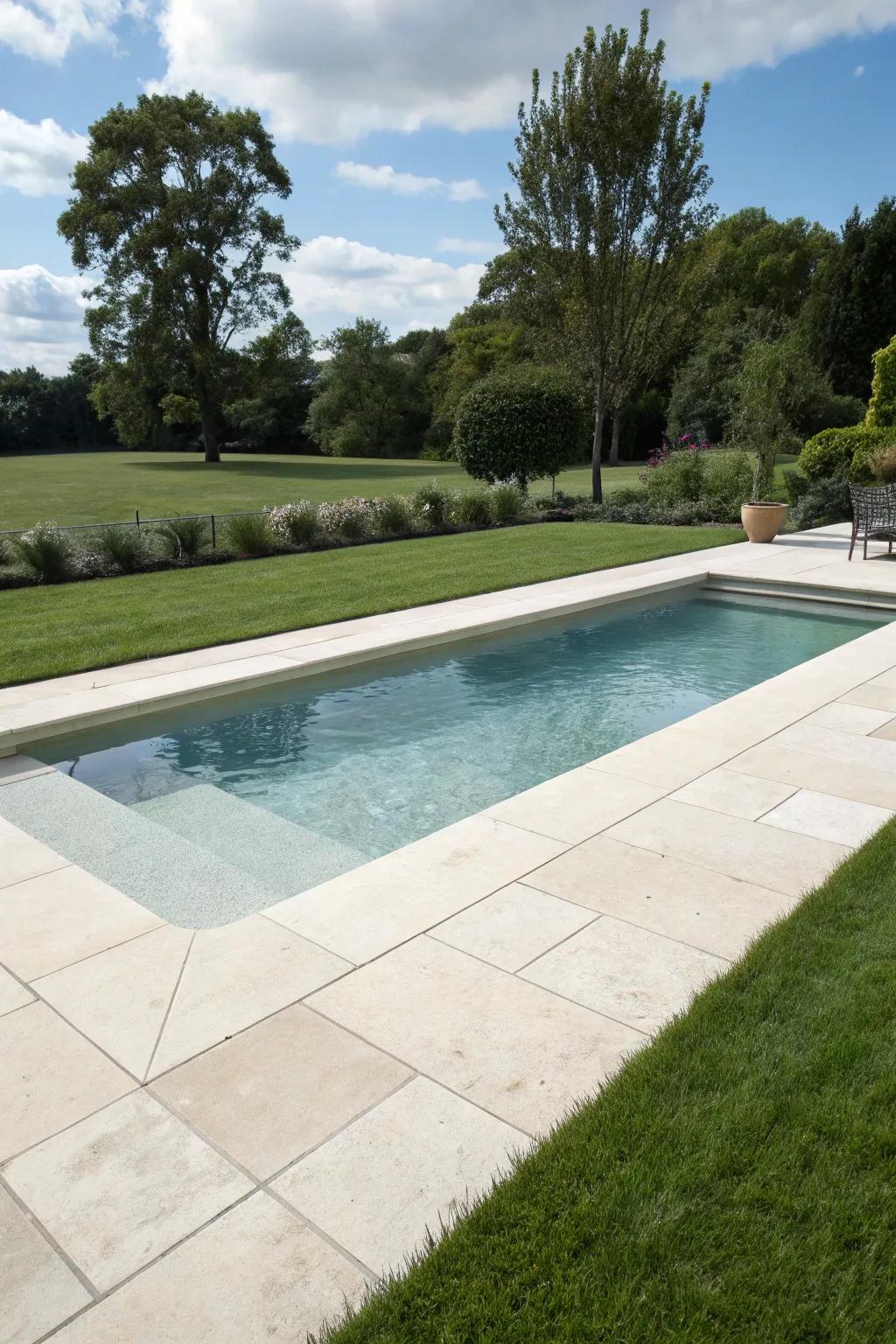 Limestone tiles provide a smooth and inviting poolside experience.