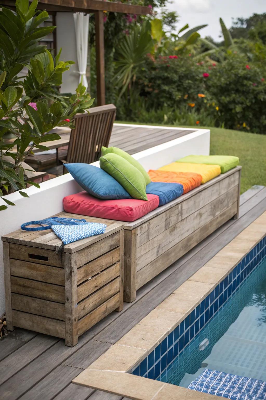 A pool deck featuring a wooden storage bench with colorful cushions.