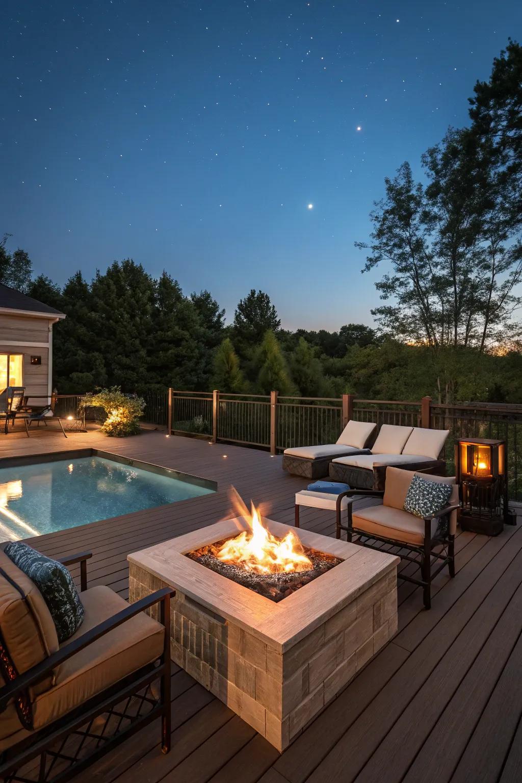 A cozy pool deck featuring a fire pit for warm evening gatherings.
