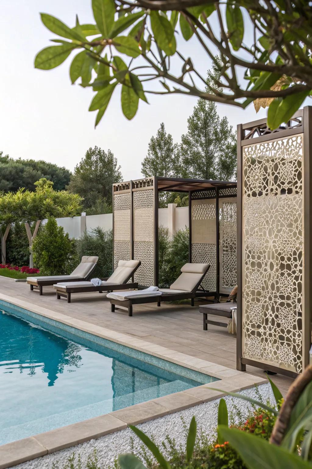 Privacy screens offer seclusion and style to your poolside.
