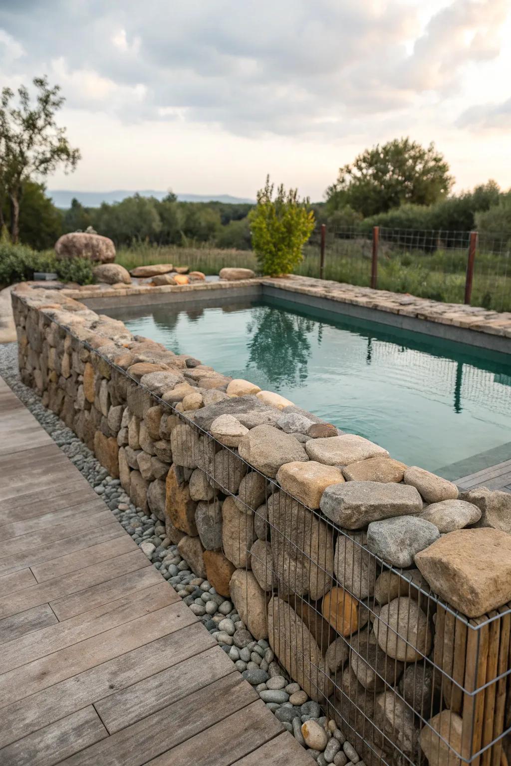 Gabion walls for rustic charm and functionality.