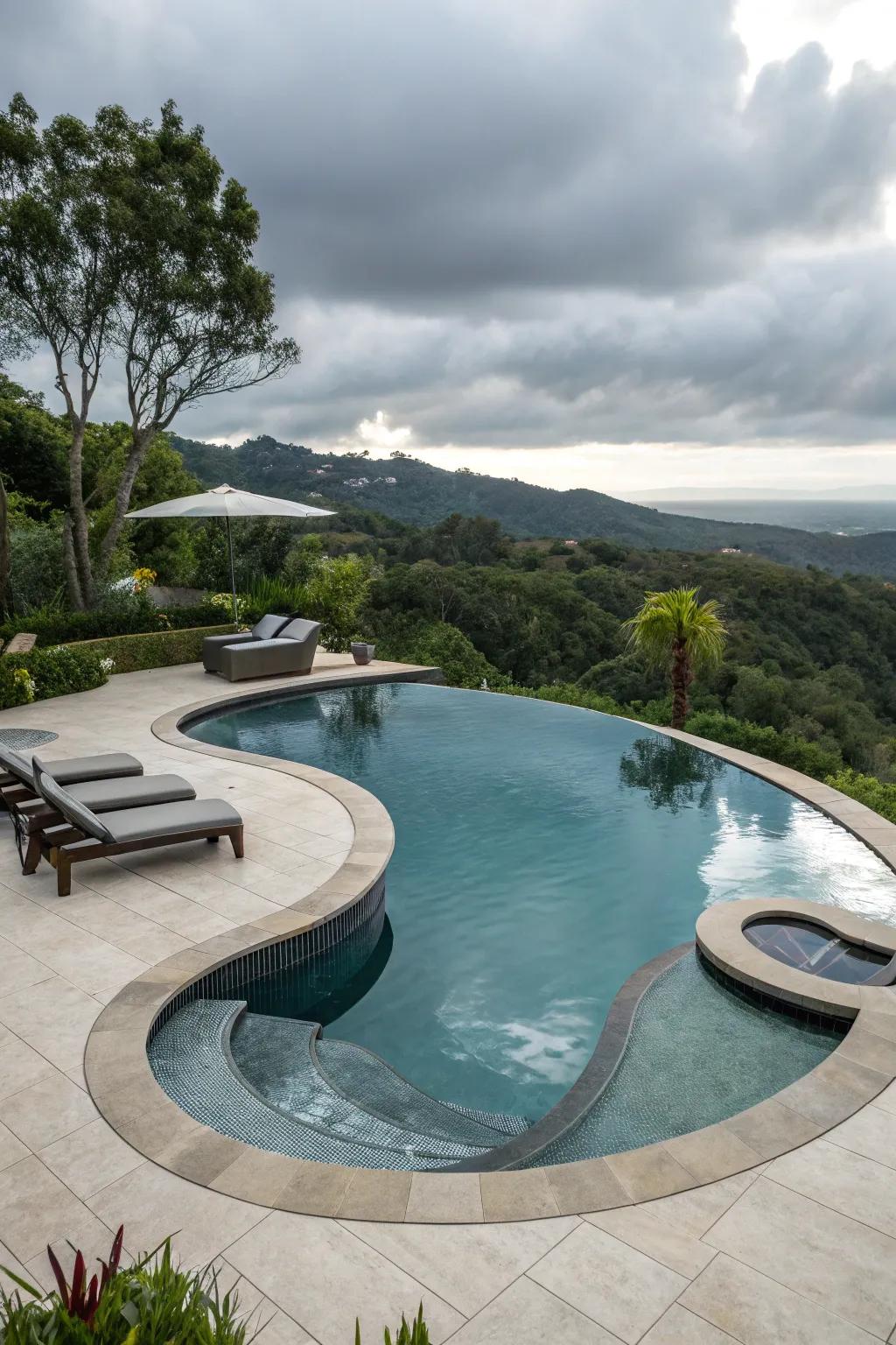 A uniquely shaped pool with artistic design features.