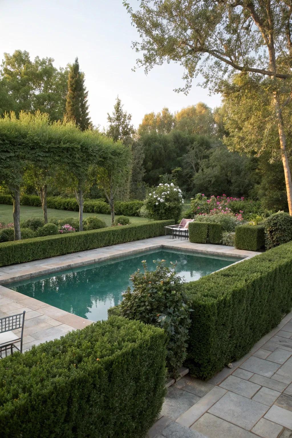 Hedge fences offer a natural barrier, adding greenery and privacy to your pool.