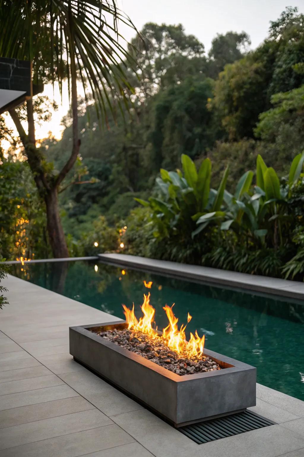 Sustainable fire features for an eco-friendly poolside.