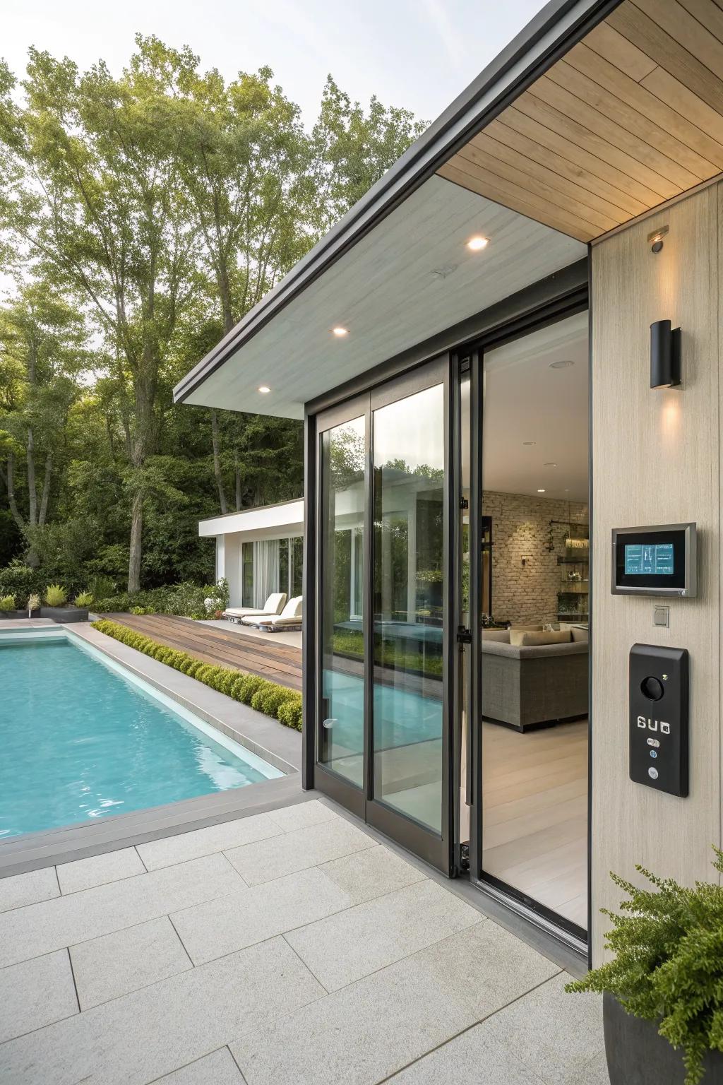 Smart technology transforms the pool house into a modern retreat.