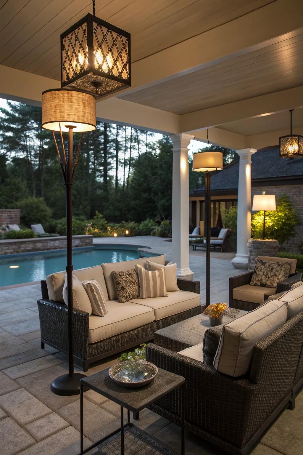 Modern floor lamps add sophistication to your poolside.
