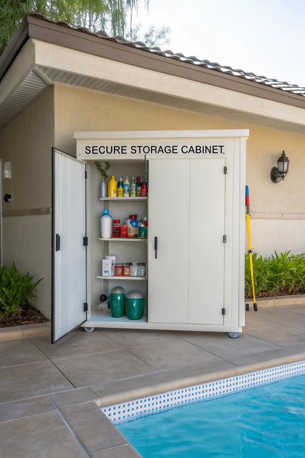 Keep pool chemicals stored safely in a dedicated cabinet.