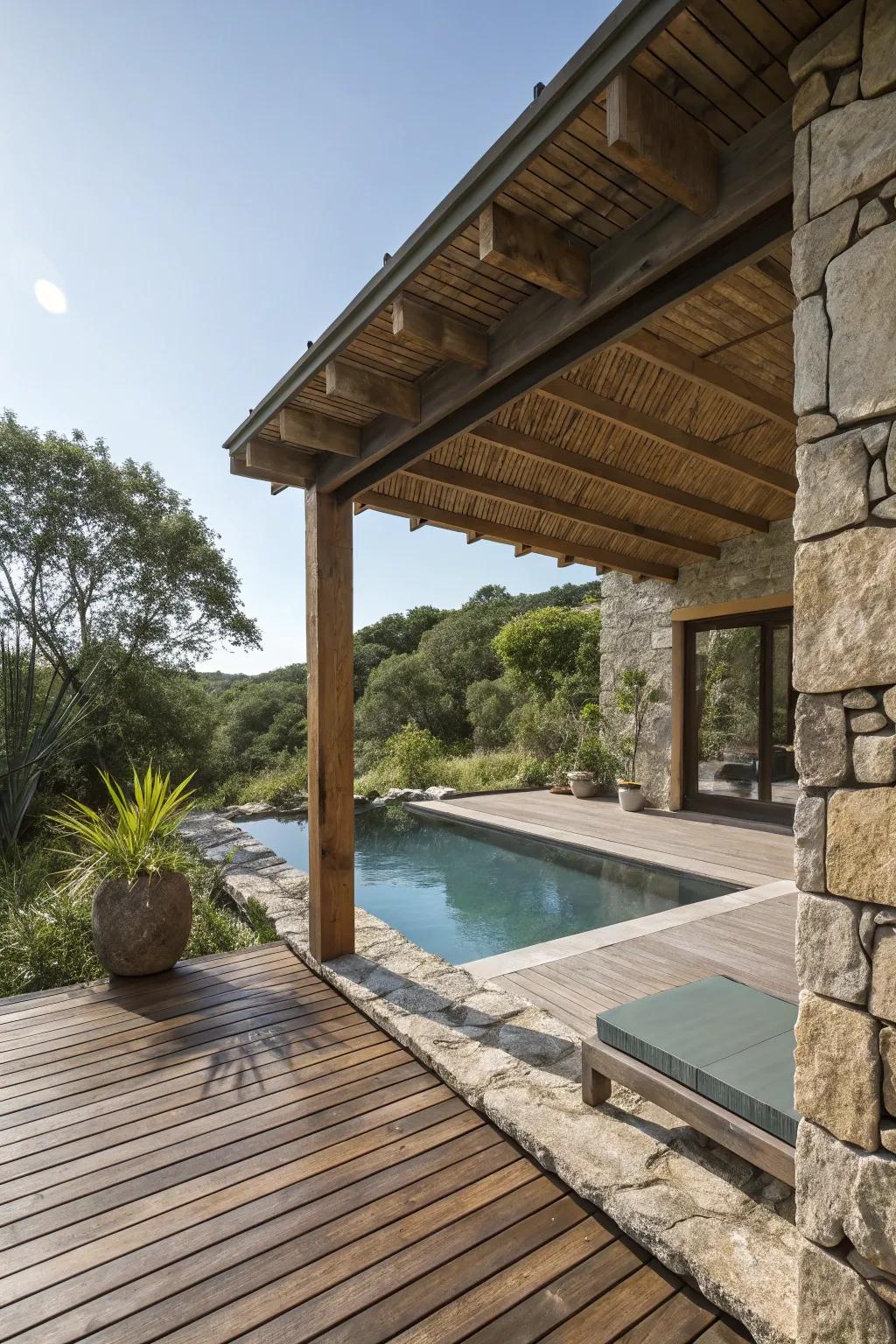 Natural wood and stone elements create a rustic, earthy feel.