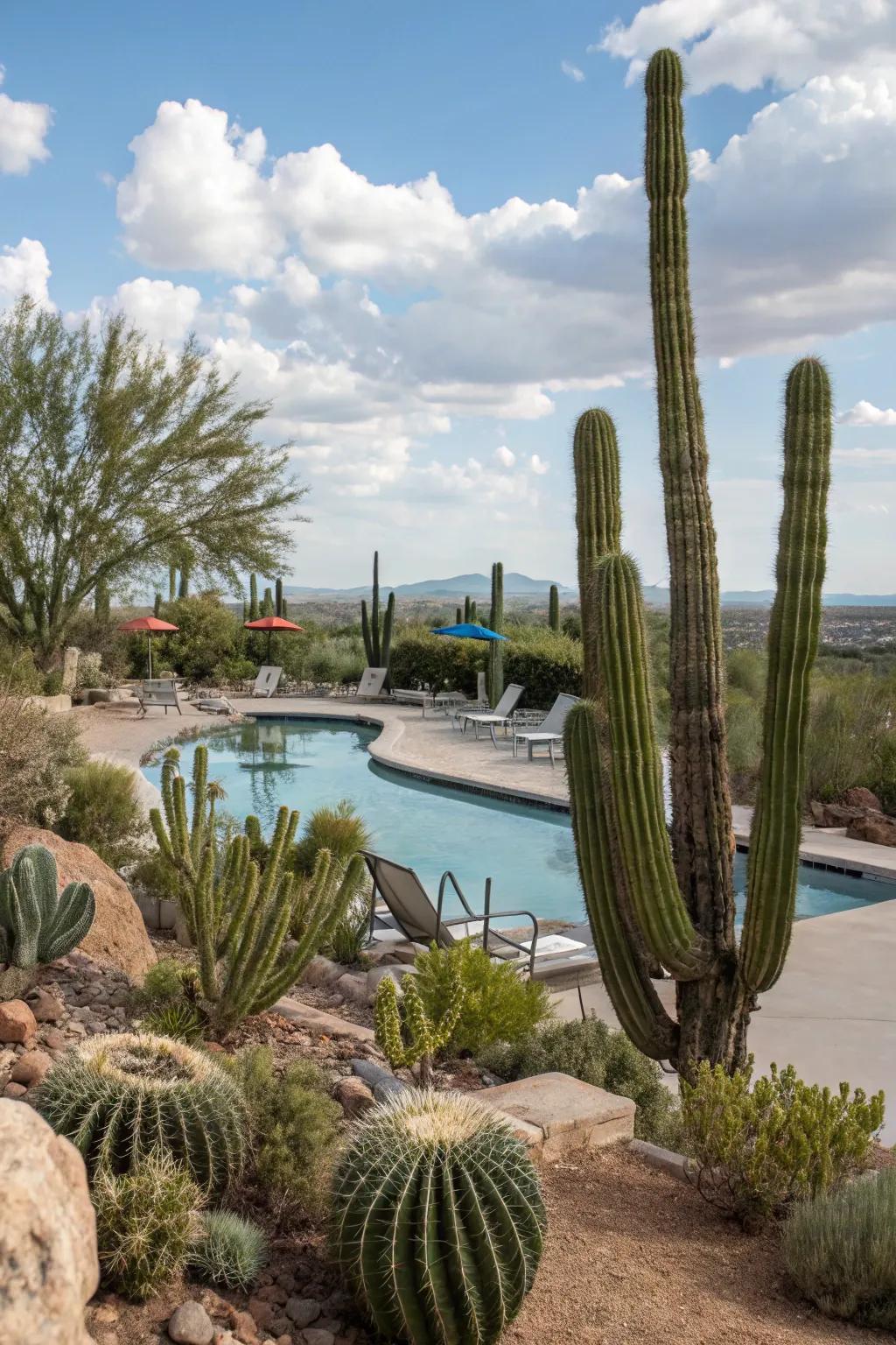 Create a desert oasis with hardy cacti around your pool.