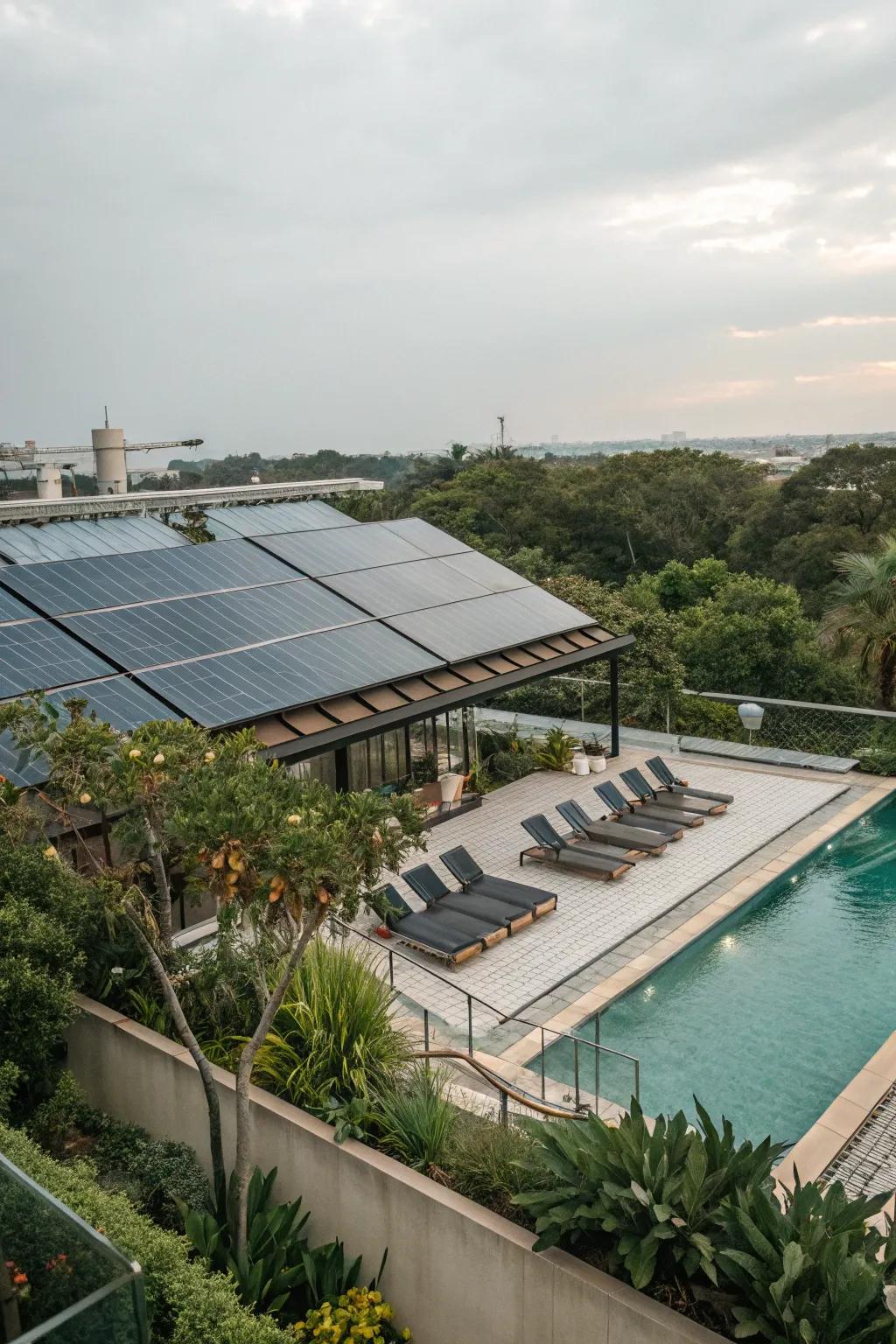 A rooftop pool utilizing solar panels for efficient heating.
