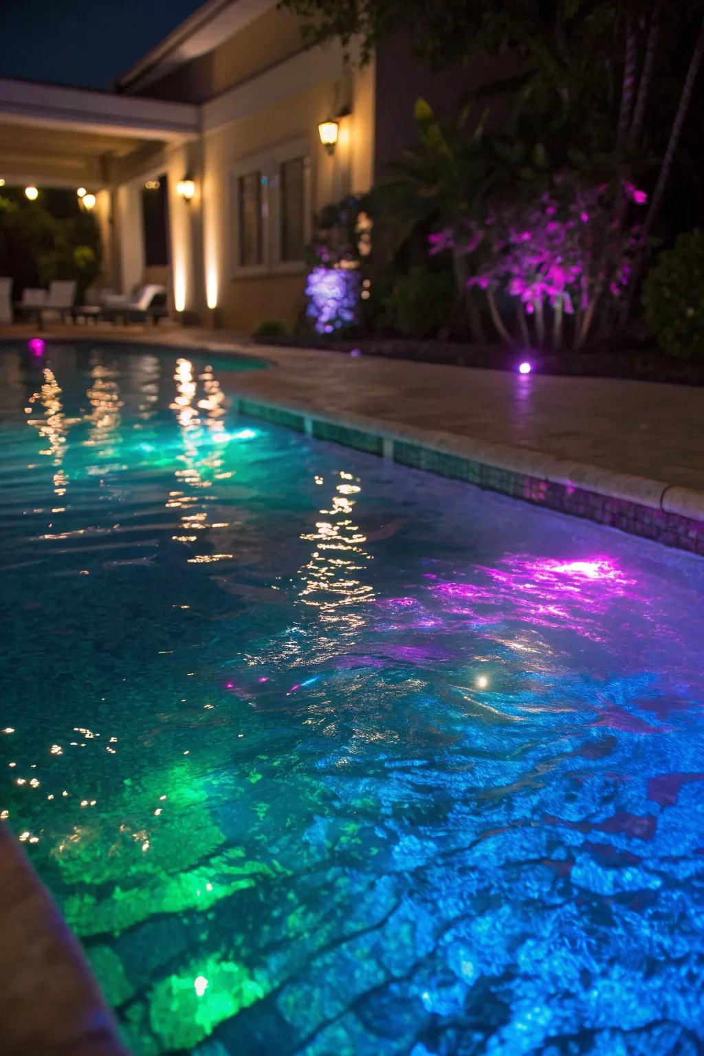 Underwater LED lights create a captivating nighttime pool display.