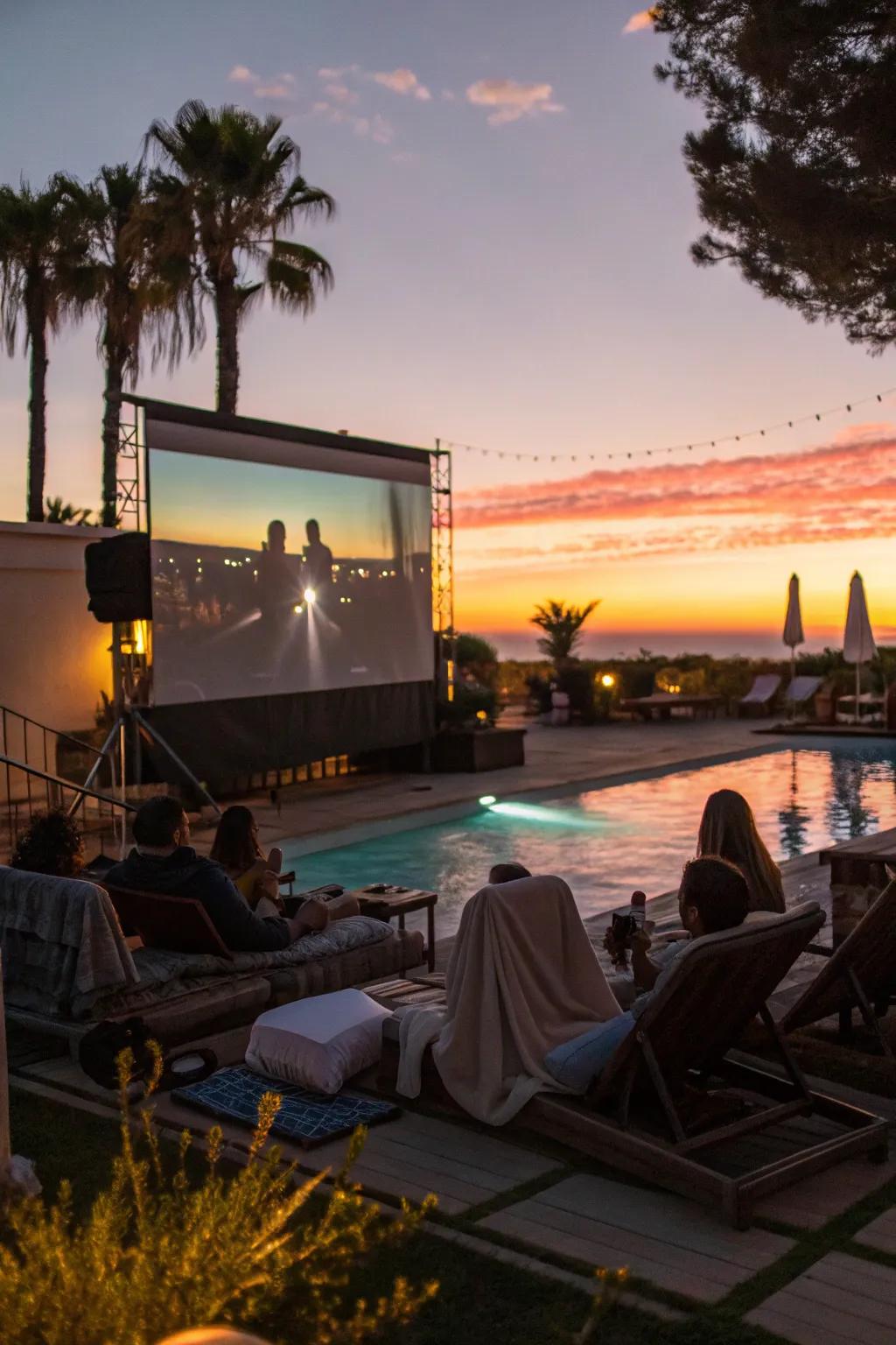 An outdoor sunset movie screening by the pool.