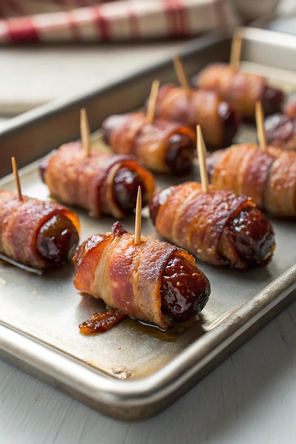 Sweet and savory bacon-wrapped dates.