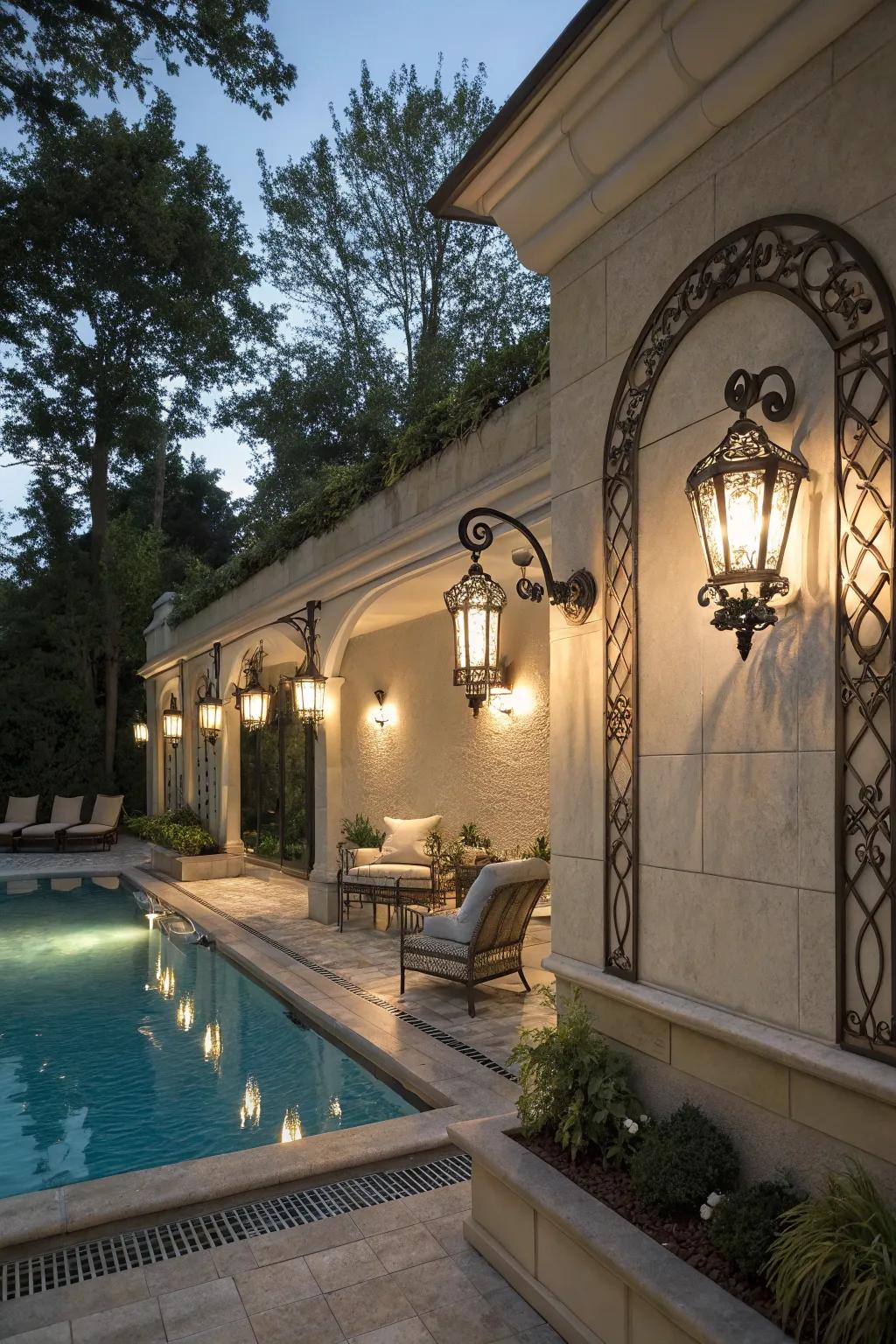 Sconce lights add architectural elegance to poolside walls.