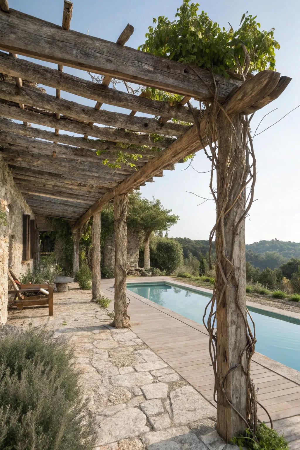 A wooden pergola adding rustic charm to a poolside setting.