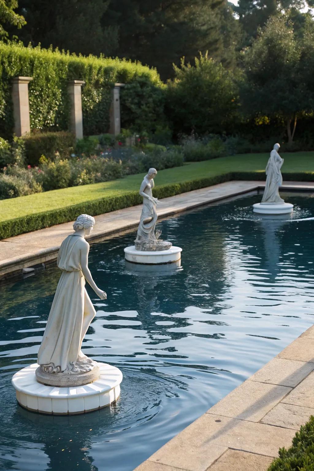 Floating statues add an element of surprise and wonder to the pool.