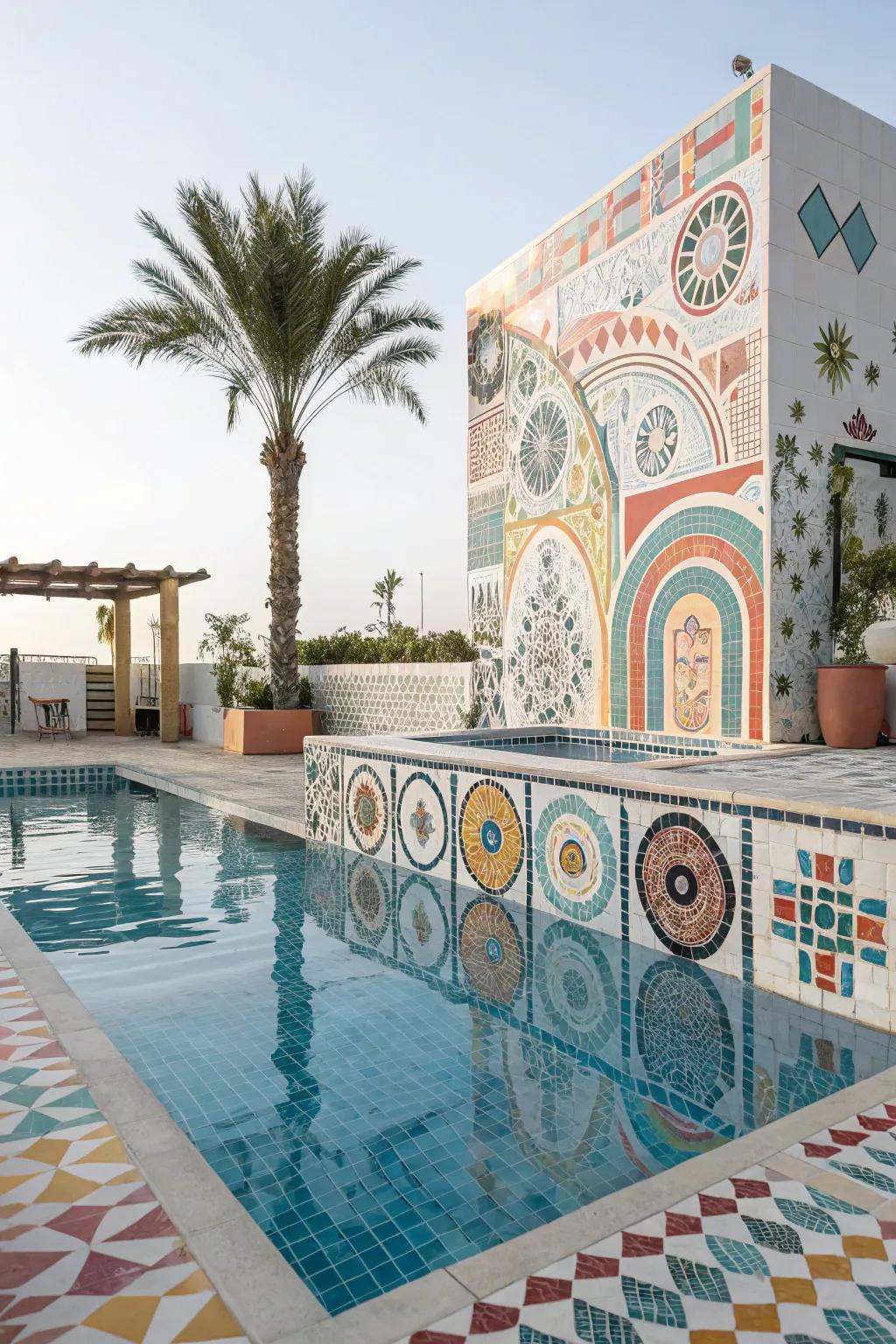 Pool with eclectic mix of tiles.